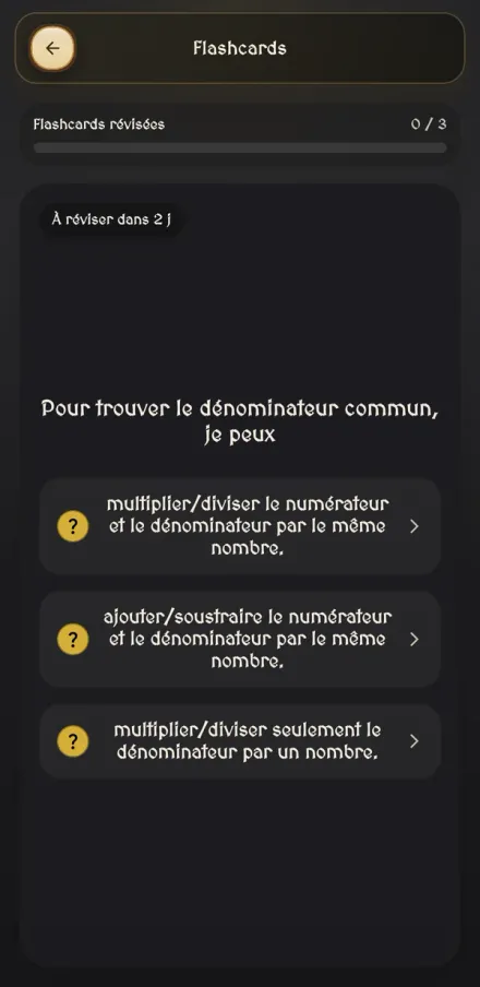 Capture d’écran de MathVentura : une carte mémoire sur le dénominateur commun, avec trois propositions