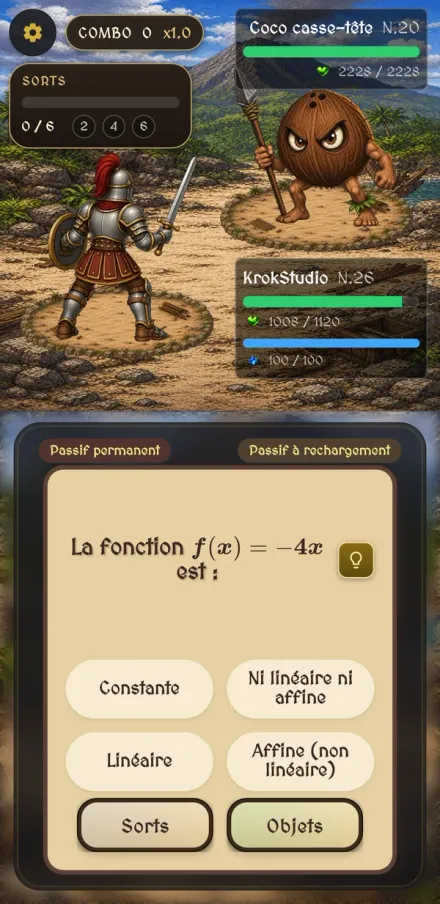 Capture d’écran de MathVentura : un chevalier affronte un monstre, et une question sur les fonctions propose quatre réponses