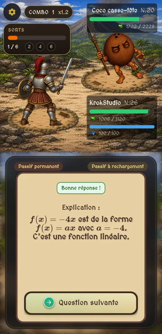 Capture d’écran de MathVentura : un chevalier affronte un monstre, et l’explication d’une bonne réponse sur les fonctions linéaires s’affiche