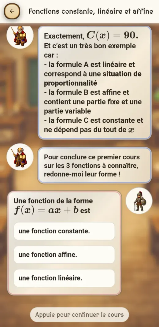 Capture d’écran de MathVentura : un cours sur les fonctions constante, linéaire et affine, avec une question à choix multiples