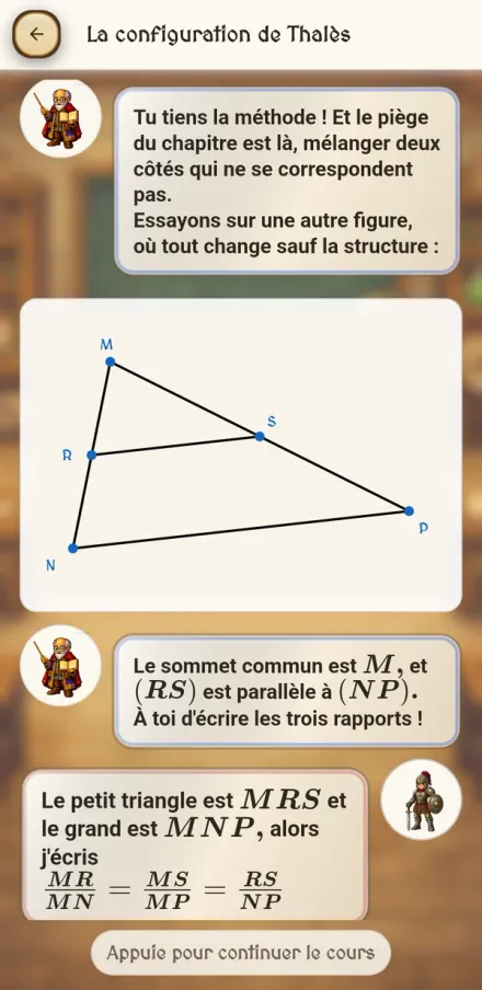 Capture d’écran de MathVentura : une leçon sur la configuration de Thalès, en dialogue entre l’élève et son professeur, avec une figure