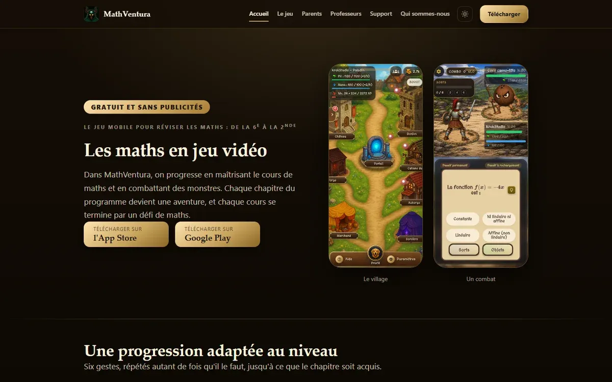 Capture d’écran de mathventura.com sur ordinateur : « Les maths en jeu vidéo », les boutons de téléchargement et deux écrans du jeu