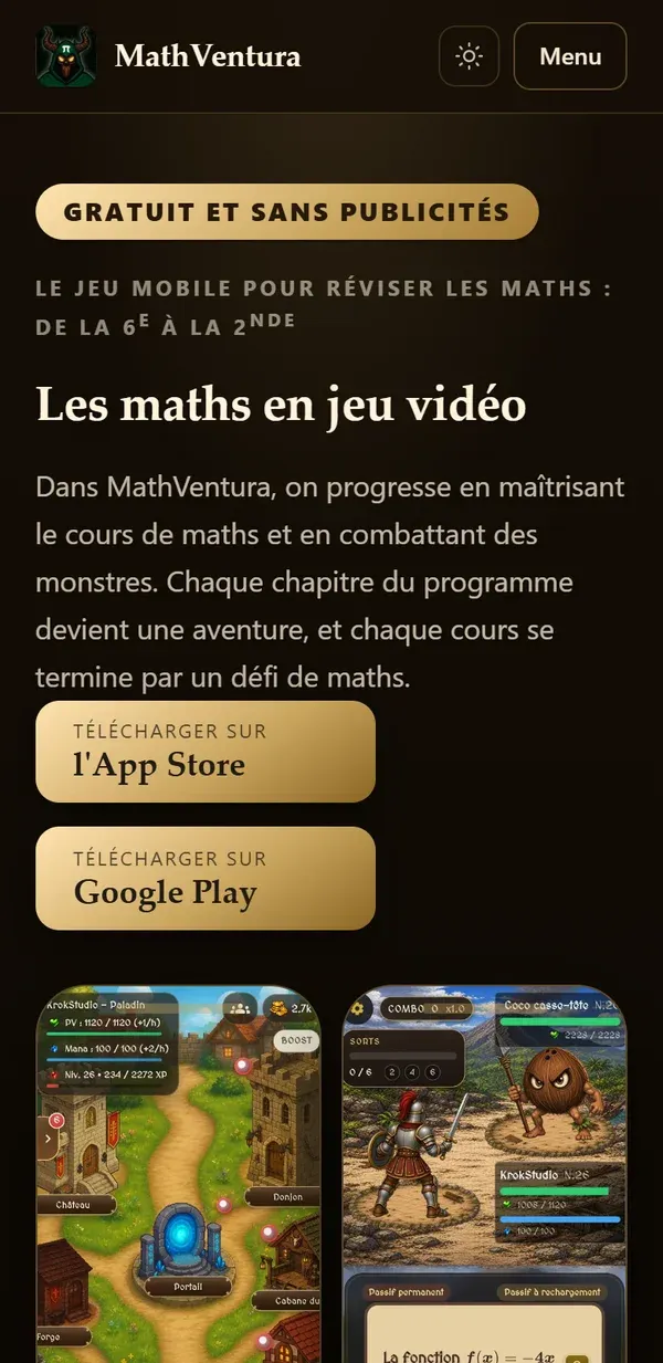 Le même site sur téléphone : le titre, la présentation du jeu et les boutons App Store et Google Play