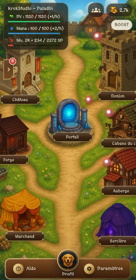 Capture d’écran de MathVentura : le village, avec son château, sa forge, son donjon et le portail qui mène aux chapitres de mathématiques